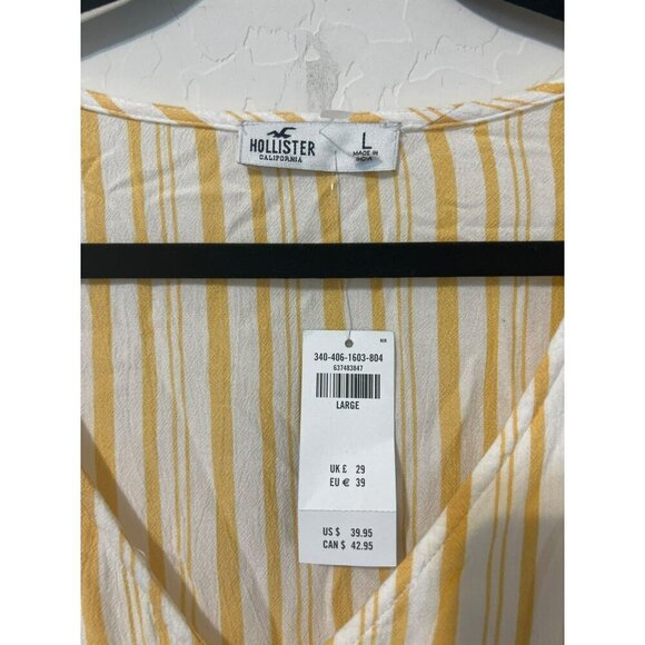NWT Hollister Sz L Button Up Blouse Tie Waist Detail Yellow White Stripes - Picture 3 of 7